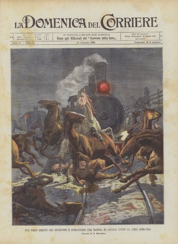 Roma-Pisa Hattı Boyunca Bir At Sürüsü Üzerinden Geçip Ezilen İki Direkt Tren by Achille Beltrame