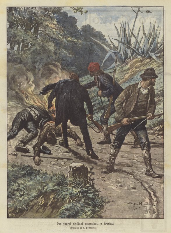 İki Sicilyalı keçi çobanı öldürüldü ve yakıldı by Achille Beltrame