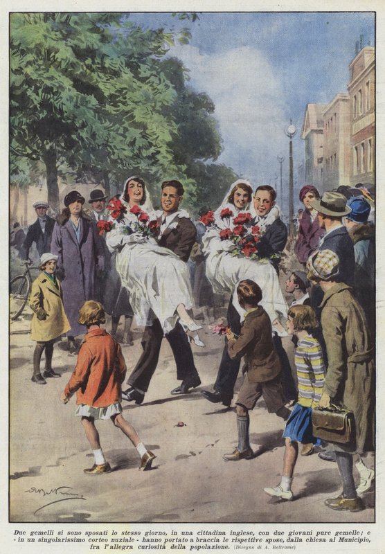 İki ikiz aynı gün, bir İngiliz kasabasında iki genç erkekle mi evlendi? by Achille Beltrame