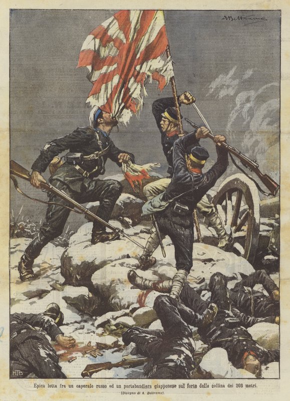 203 metrelik tepe kalesinde bir Rus onbaşı ile bir Japon bayrak taşıyıcısı arasındaki destansı kavga by Achille Beltrame
