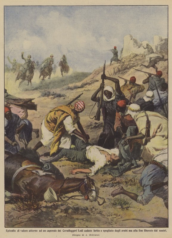 Yaralanan ve yanından sıyrılan bir Lodi Cavalleggeri onbaşısının etrafındaki değerli bölüm? by Achille Beltrame