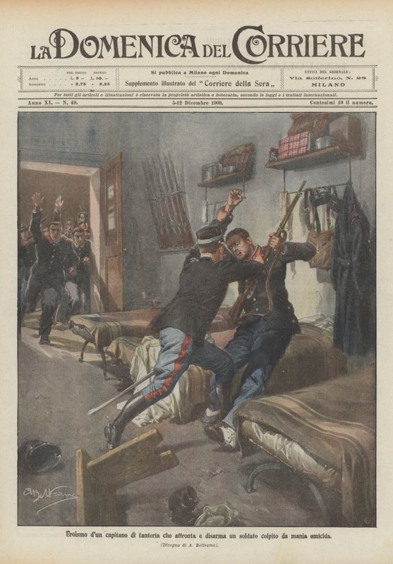 Cinayet çılgınlığından muzdarip bir askerle yüzleşen ve silahsızlandıran bir piyade yüzbaşısının kahramanlığı by Achille Beltrame
