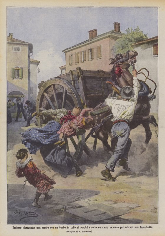 Talihsiz kahramanlık, boynunda bebeği olan bir anne, küçük bir kızı kurtarmak için hareketli bir vagonun altına koşar. by Achille Beltrame