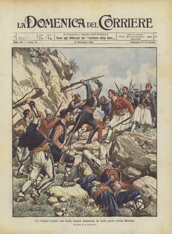 Bulgarlar ve Yunanlılar arasında, Selanik yakınlarında Yunan çeteleri tarafından katledilen bir Bulgar çetesi by Achille Beltrame