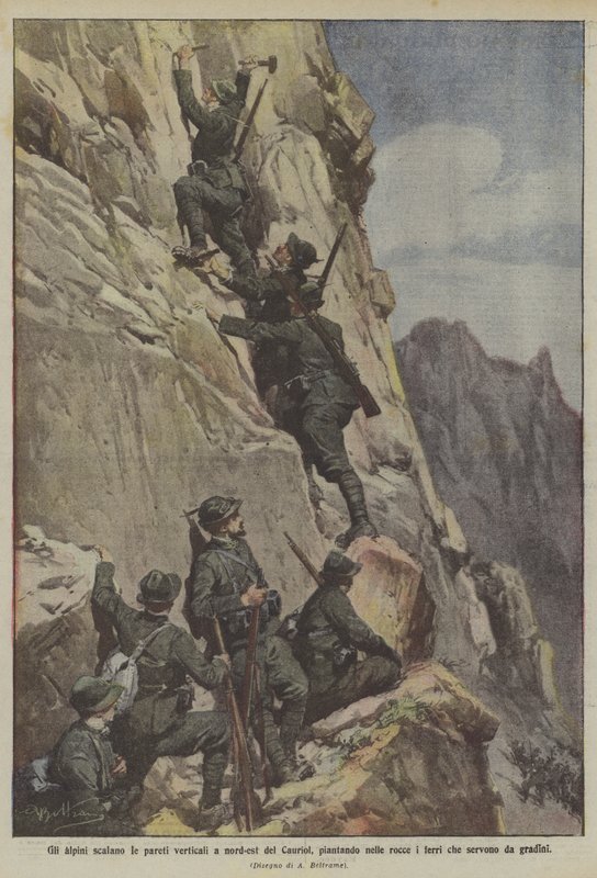 Alp birlikleri, Cauriol'un kuzey doğusundaki dikey duvarlara tırmanıyor ve kayalara basamak görevi gören demirleri yerleştiriyor. by Achille Beltrame