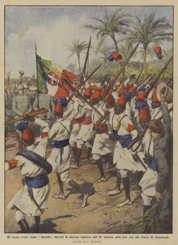 Eritre askarileri, gezilerinde 84. piyadenin görkemli bayrağının önünde hayal mi kuruyor? by Achille Beltrame