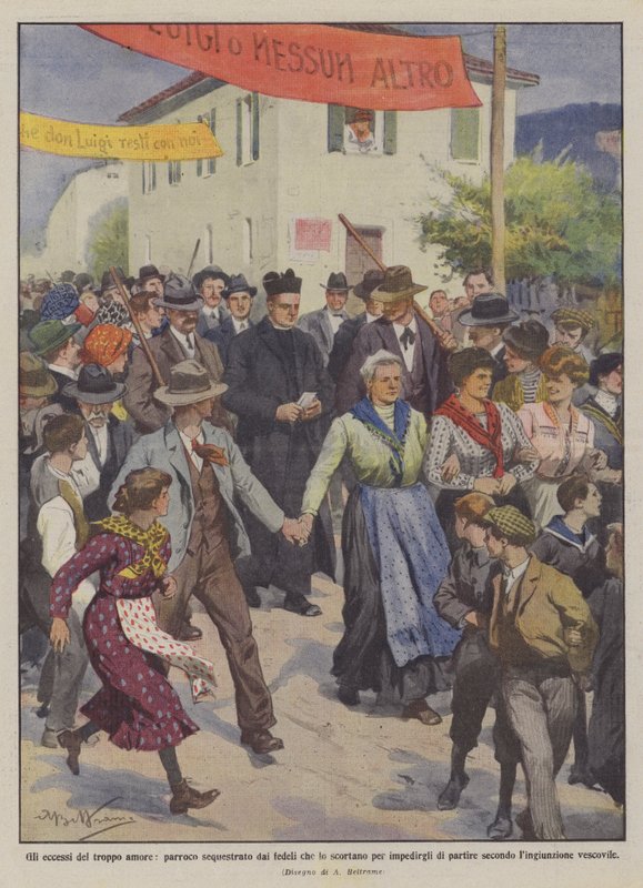Aşırı sevginin aşırılıkları, onu önlemek için ona eşlik eden sadıklar tarafından kaçırılan bir kilise rahibi mi? by Achille Beltrame