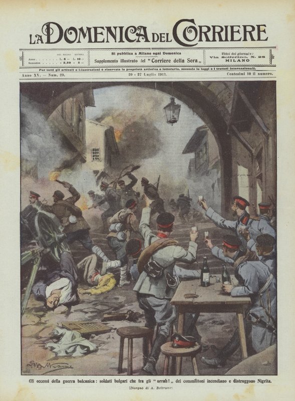 Balkan savaşının taşkınlıkları arasında urra yapan Bulgar askerleri! yanıyor bazı yoldaşlar? by Achille Beltrame