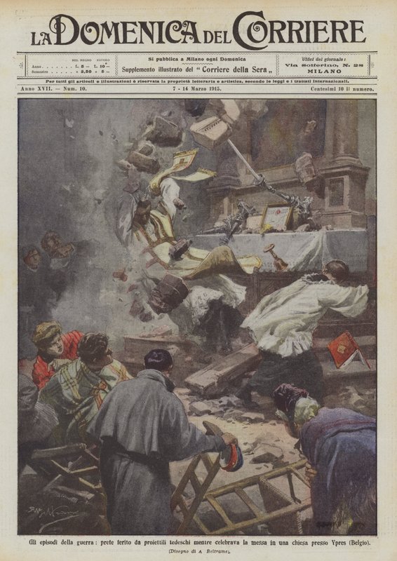 Savaşın bölümlerini kutlarken, rahip Alman kurşunlarıyla yaralanmış, bir arada mı? by Achille Beltrame