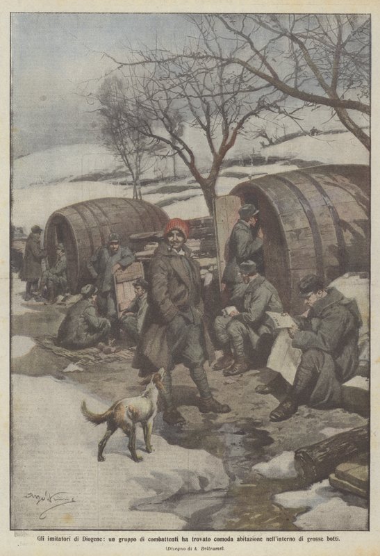 Bir grup savaşçı olan Diogenes'in taklitçileri, büyük varillerin içinde rahat bir yuva buldular. by Achille Beltrame