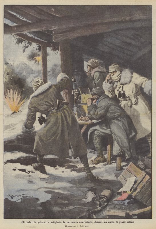 Gözlemevlerimizden birinde, büyük kalibreli bir düello sırasında topçuya rehberlik eden gözler by Achille Beltrame