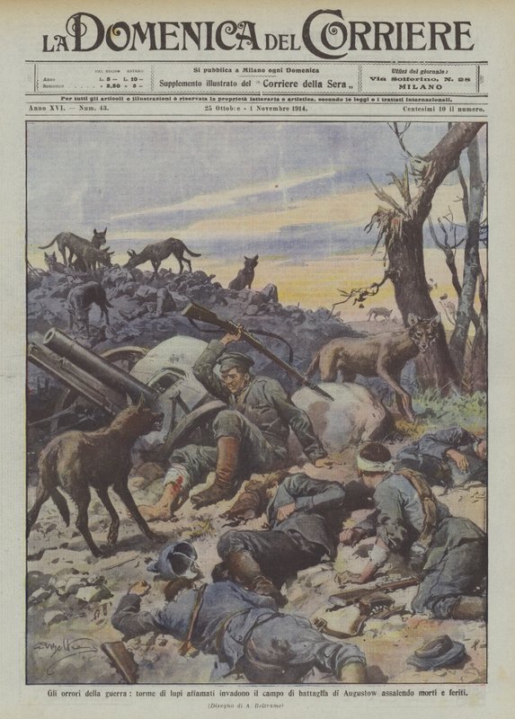 Savaşın dehşeti, aç kurt sürüleri Augustow savaş alanını istila ederek ölülere ve yaralılara saldırıyor by Achille Beltrame