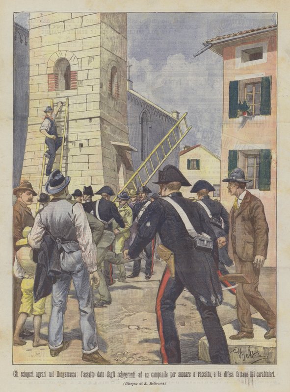 Bergamo bölgesindeki tarım grevleri, grevcilerin çalmak için bir çan kulesine verdiği saldırı? by Achille Beltrame