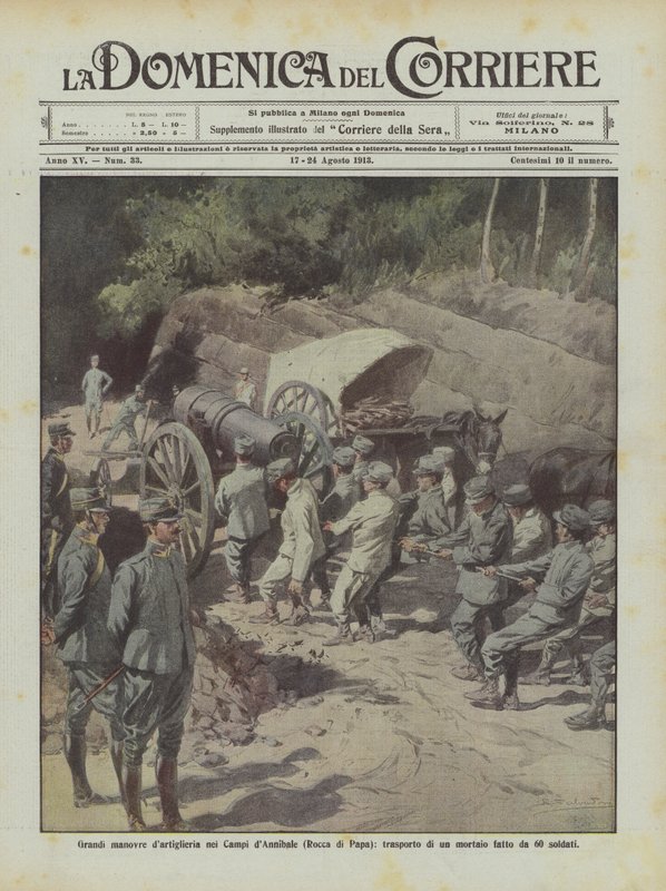 Annibale Tarlalarında (Rocca di Papa) büyük topçu manevraları, 60 asker tarafından yapılan bir havanın taşınması by Achille Beltrame