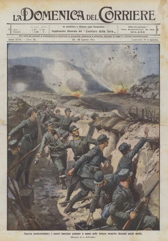 Çok modern bir savaş, adamlarımız birkaç metre ötedeki düşman siperlerine el bombaları atıyor. by Achille Beltrame