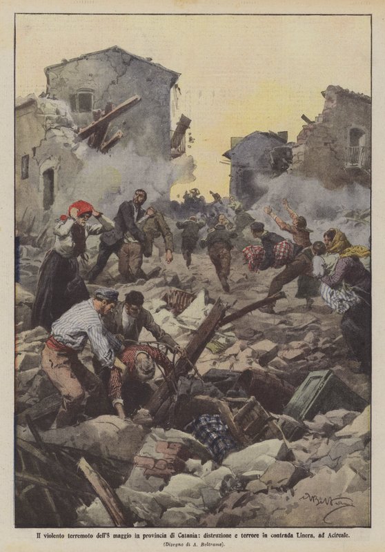 Catania ilinde 8 Mayıs şiddetli deprem, Acireale Linera ilçesinde yıkım ve terör by Achille Beltrame