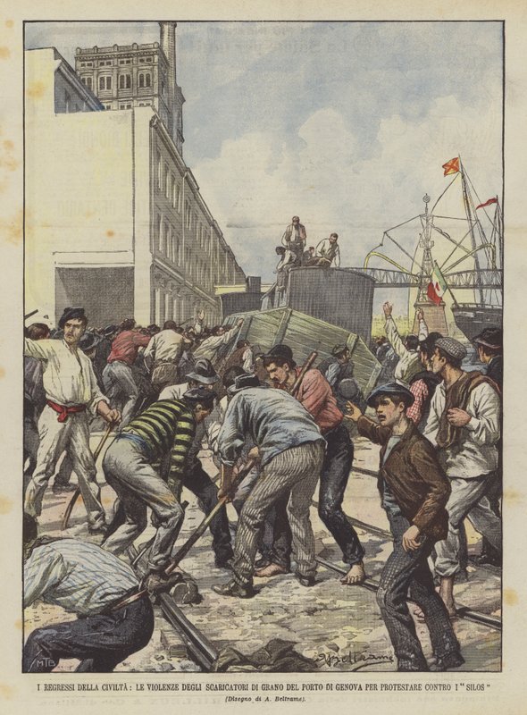 Medeniyetin Gerilemeleri, Cenova Limanında Tahıl Yükleyenlerin Siloları Protesto Eden Şiddeti by Achille Beltrame
