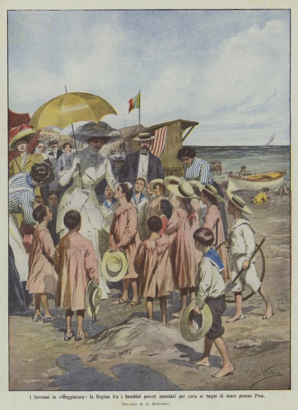 Egemenler tatilde, Kraliçe fakir çocuklar arasında bakım için Pisa yakınlarındaki deniz hamamlarına gönderildi by Achille Beltrame