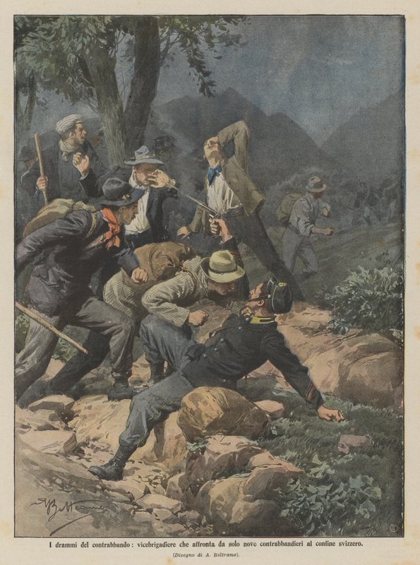 İsviçre sınırında tek başına dokuz kaçakçıyla karşı karşıya kalan bir tuğgeneral yardımcısı olan kaçakçılığın dramları by Achille Beltrame