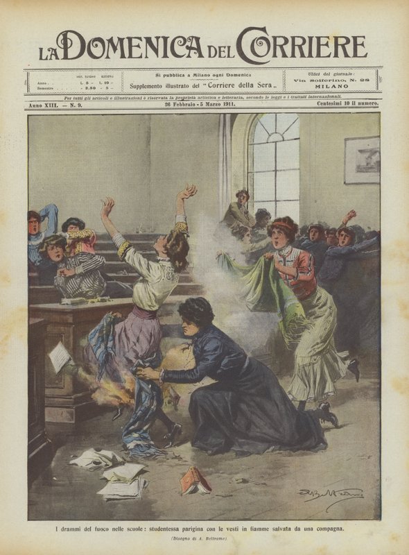 Okullarda çıkan yangın dramları, bir arkadaşı tarafından kurtarılan kıyafetleriyle yanan Parisli öğrenci by Achille Beltrame