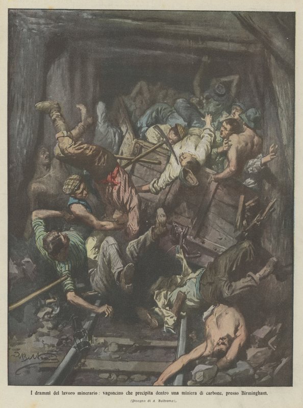 Madencilik trajedileri, Birmingham yakınlarındaki bir kömür madenine çarpan bir vagon by Achille Beltrame