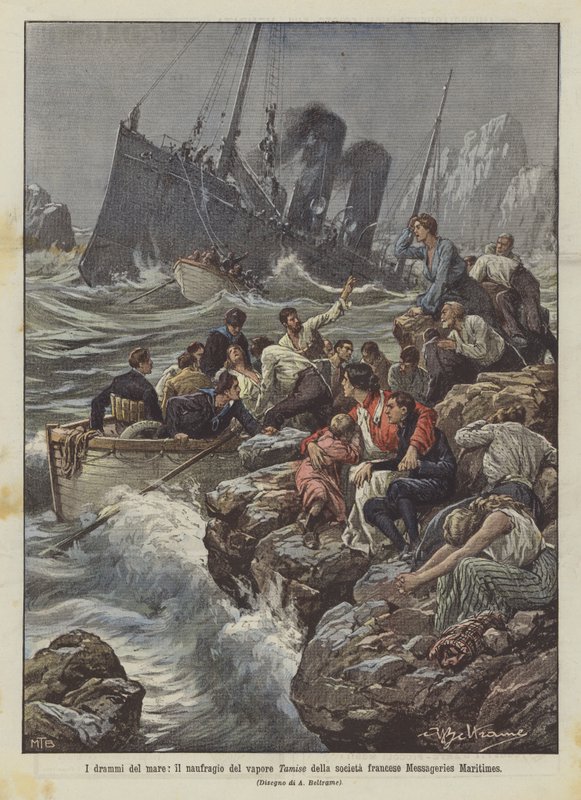 Denizin dramları, Fransız Messageries Maritimes şirketinin Tamise vapurunun batması by Achille Beltrame