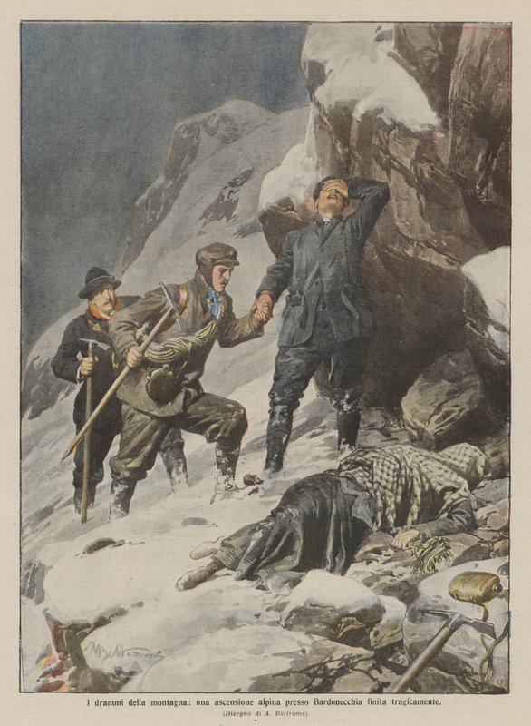 Dağın dramaları, Bardonecchia yakınlarında trajik bir şekilde sona eren bir dağ tırmanışı by Achille Beltrame