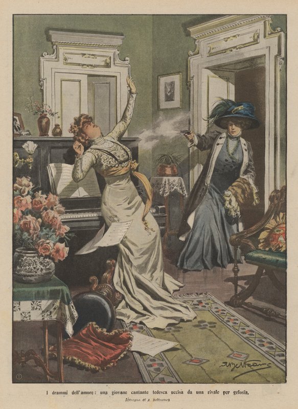 Aşk dramaları, kıskançlıktan bir rakibi tarafından öldürülen genç bir Alman şarkıcı by Achille Beltrame