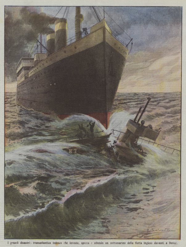 Büyük felaketler, bir denizaltıyı vuran, parçalayan ve batıran bir Alman transatlantik? by Achille Beltrame