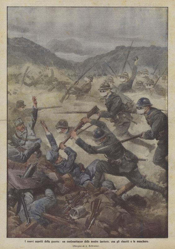 Savaşın yeni yönleri, piyadelerimizin miğferli ve maskeli karşı saldırısı by Achille Beltrame