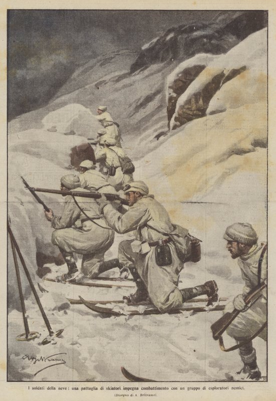 Kar Askerleri, bir kayakçı devriyesi, bir grup düşman izci ile savaşıyor by Achille Beltrame