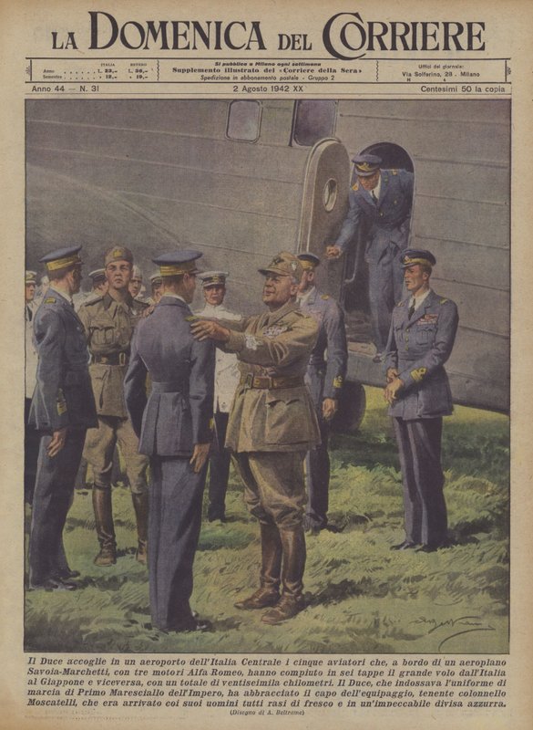 Il Duce, gemideki beş havacıyı karşılıyor mu? by Achille Beltrame