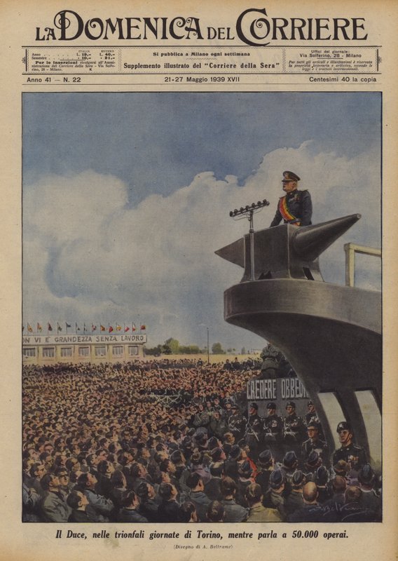 Duce, Torino'nun zafer günlerinde 50.000 işçiyle konuşurken by Achille Beltrame