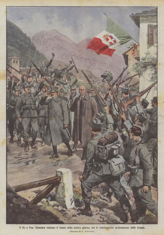 Kral ve lon, Salandra, birliklerin coşkulu tezahüratları arasında savaşımızın önünü ziyaret ediyor by Achille Beltrame