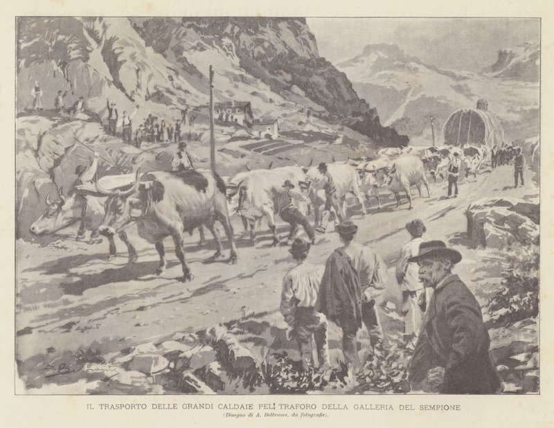 Simplon tünelinin büyük tünel kazanlarının taşınması by Achille Beltrame