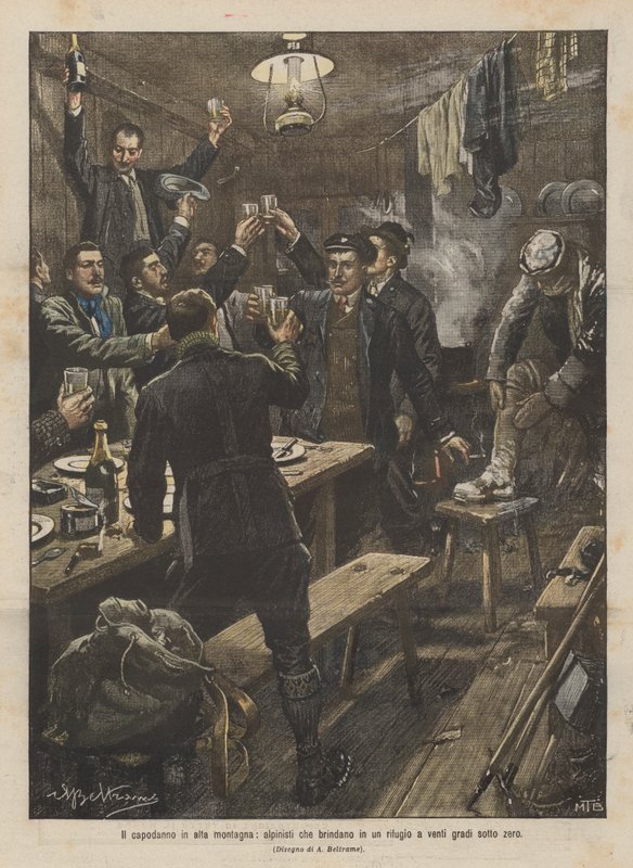 Yüksek dağlarda yeni yıl, sıfırın altında yirmi derecede bir sığınakta kadeh kaldıran dağcılar by Achille Beltrame