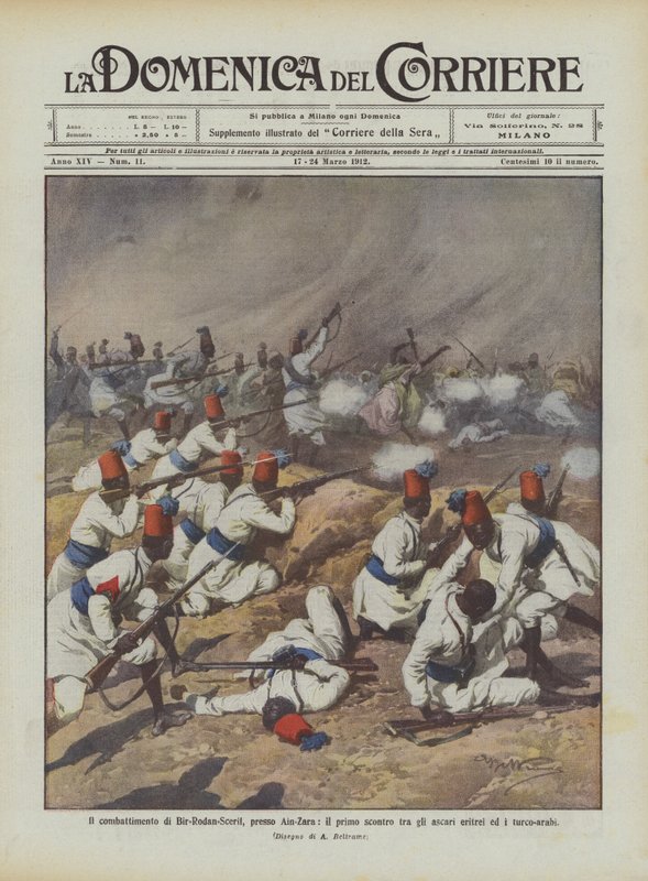 Ain-Zara yakınlarındaki Bir-Rodan-Scerif savaşı, Eritre askerleri ile Türk-Araplar arasındaki ilk çatışma by Achille Beltrame