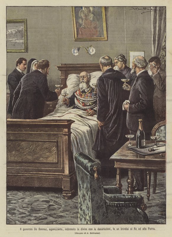 General De Sonnaz, acı içinde, süslemeli üniformayı giyiyor, Kral ve Anavatan için bir kadeh kaldırıyor. by Achille Beltrame