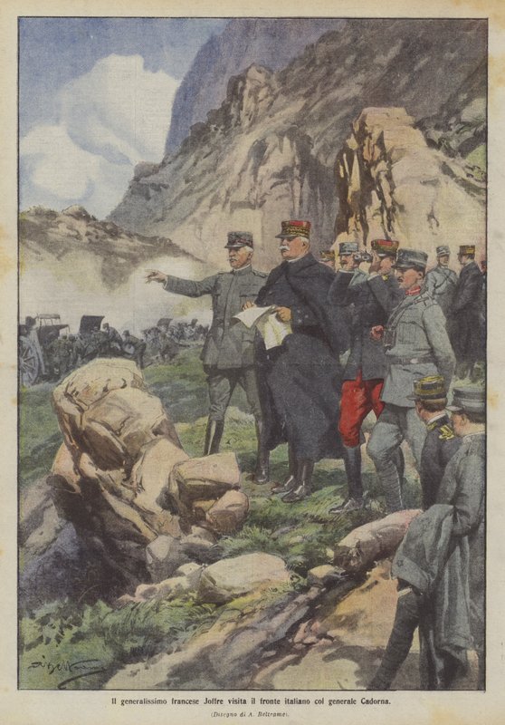 Fransız generalissimo Joffre, General Cadorna ile İtalyan cephesini ziyaret ediyor by Achille Beltrame