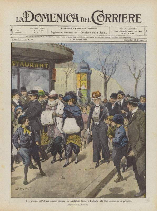 En son modadaki grotesk, pantolonlu bayanlar, halka açık görünümleriyle alay etti ve ıslık çaldı by Achille Beltrame