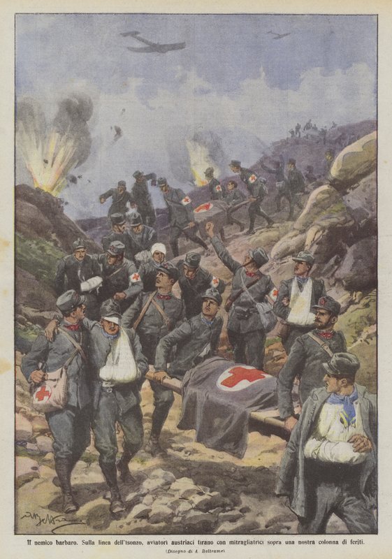 Barbar Düşmanı Isonzo hattında, Avusturyalı havacılar makineli tüfekleri tek tek mi ateşliyor? by Achille Beltrame
