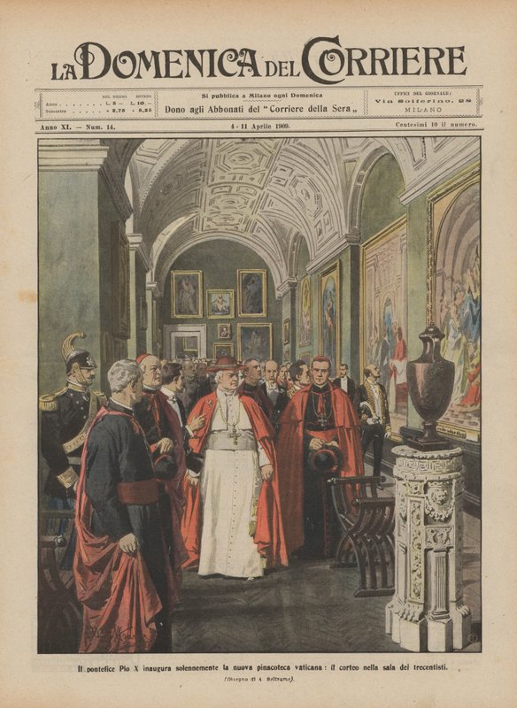 Papa Pius X, on dördüncü yüzyılın salonundaki alayı olan yeni Vatikan resim galerisini ciddiyetle açtı by Achille Beltrame