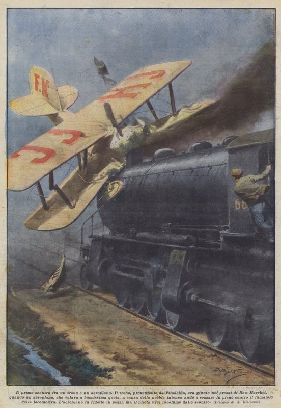 Bir tren ve bir uçak arasındaki ilk çarpışma by Achille Beltrame