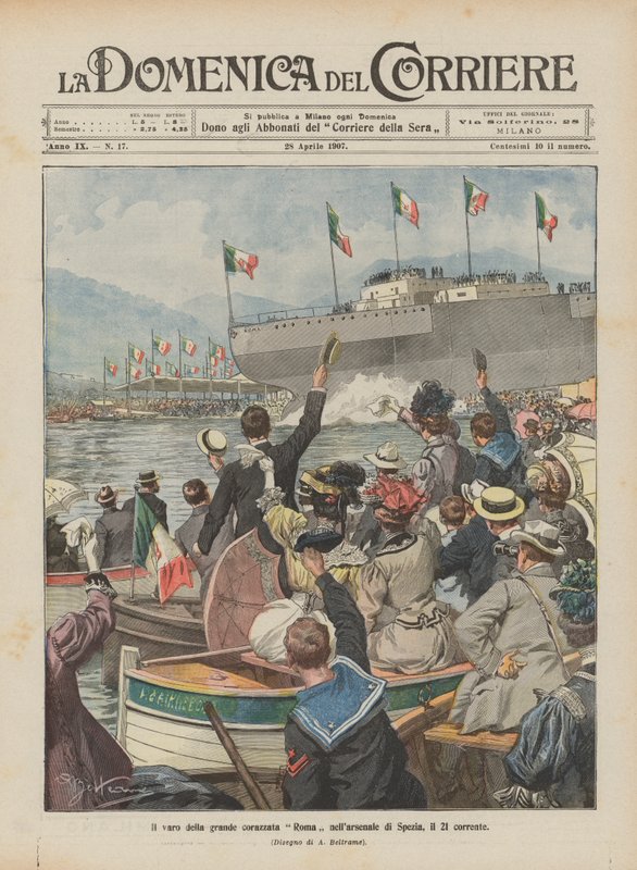 21'inde Spezia cephaneliğinde büyük savaş gemisi Roma'nın lansmanı by Achille Beltrame