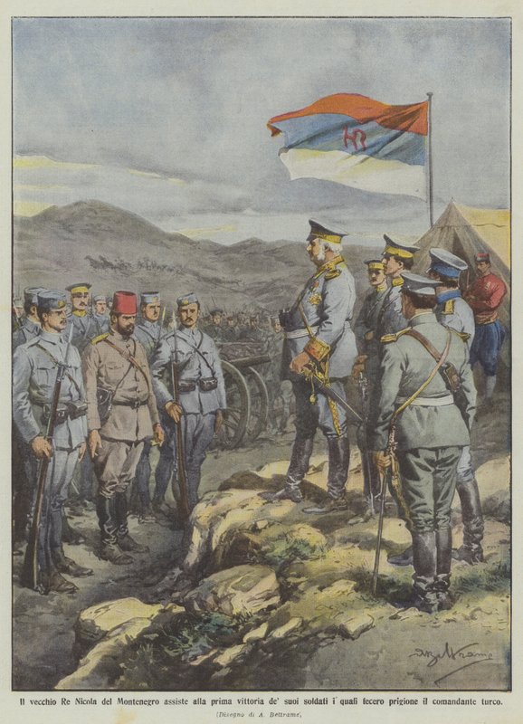 Eski Karadağ Kralı Nicholas, askerlerinin yaptıkları ilk zafere mi tanık oluyor? by Achille Beltrame