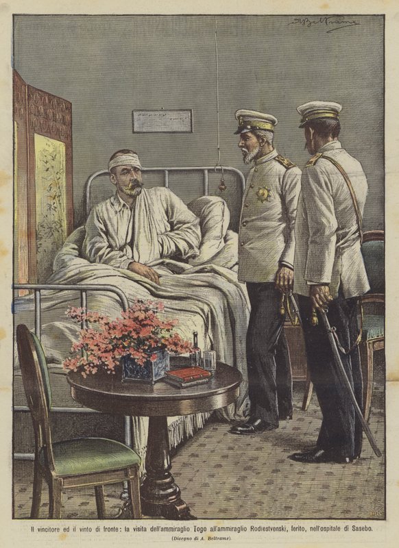 Kazanan ve kaybeden önde, Amiral Togo'nun Amiral Rodiestvenski'yi ziyareti mi? by Achille Beltrame