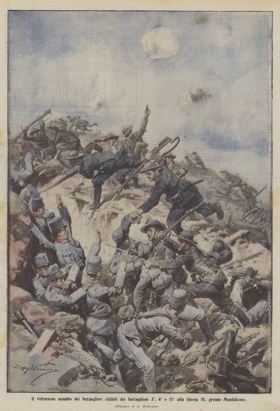 3., 4. ve 11. taburların bisikletçi Bersaglieri'nin Monfalcone yakınlarındaki Quota 85'te muzaffer saldırısı by Achille Beltrame