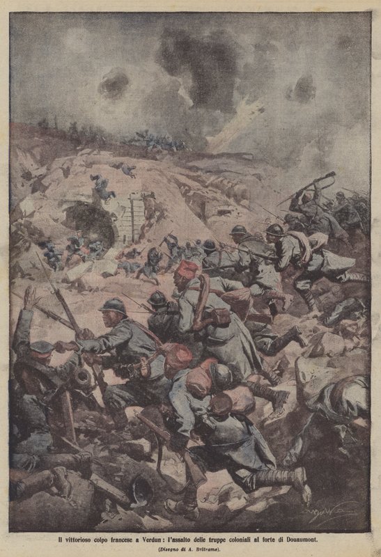 Verdun'daki muzaffer Fransız darbesi, sömürge birliklerinin Douaumont kalesine saldırısı by Achille Beltrame