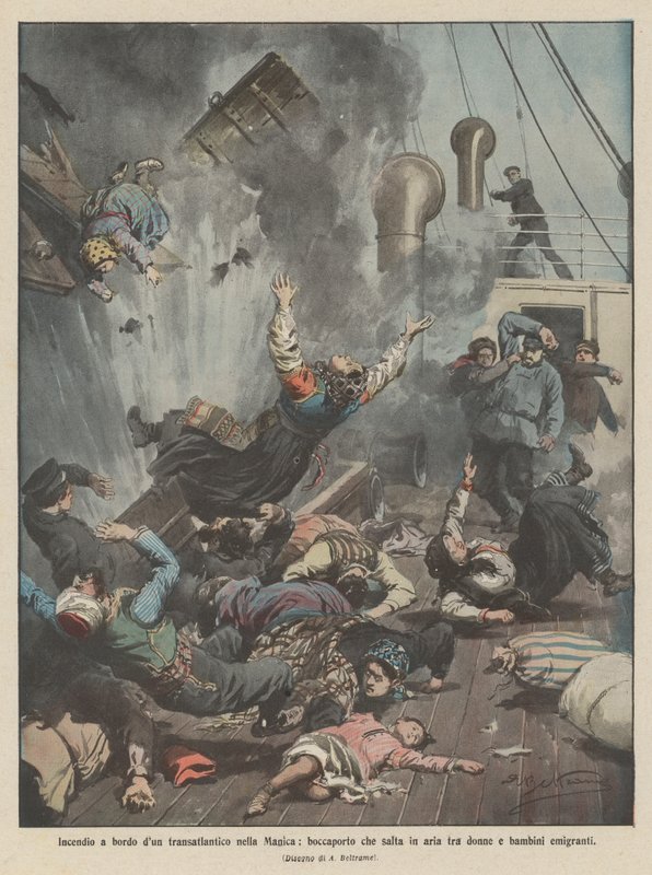 İngiliz Kanalında bir okyanus gemisine ateş açın, göçmen kadınlar ve çocuklar arasında havaya sıçrayan yumurtadan çıkın by Achille Beltrame