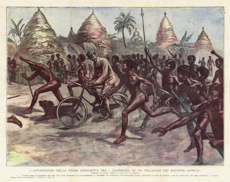 Bir Bangwa Köyünde (Afrika) Yamyamlar Arasında İlk Bisikletin Görünüşü by Achille Beltrame
